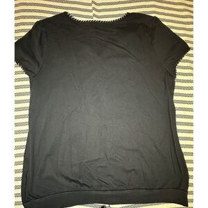 St Johns Bay Black Embroidered V Neck Short Sleeve Top Women 100% cotton